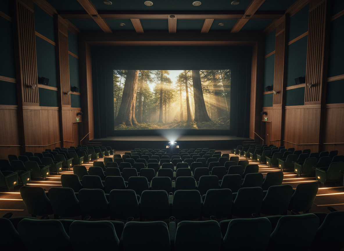 A historic cinema auditorium with plush, deep-green seats arranged in gentle arcs around a slightly elevated stage. The large screen shows a still from an old-growth forest interior, shafts of golden light filtering through towering trunks, rendered with rich cinematic contrast. Ambient aisle lights trace soft lines toward the screen, while a subtle haze in the air makes the projector beam faintly visible. The color palette is muted and sophisticated, with warm wood paneling and dark acoustic walls. Captured from the back row with a wide lens, sharp focus throughout, the composition emphasizes anticipation and collective experience. The mood is reverent and hopeful, suggesting a special documentary premiere that connects past forest histories with a shared future.