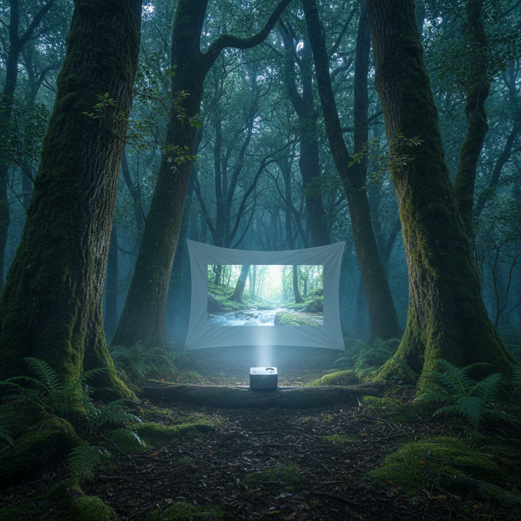 An ancient forest clearing at dusk, towering moss-covered trunks rising like pillars into a dense canopy, the ground layered with deep leaf litter and delicate ferns. In the center, a small portable projector beams a luminous rectangle of forest imagery onto a suspended, slightly wrinkled white sheet, its glow reflecting off bark and branches. Mist hangs low, catching soft, cinematic blue-hour light as the projector’s warm beam cuts through. Captured in wide, eye-level composition with strong depth, the mood is quietly majestic and hopeful, fusing past and present. Photographic realism emphasizes texture in bark and moss, conveying a sophisticated, documentary atmosphere of outdoor screening and reverence for the old forest’s history.