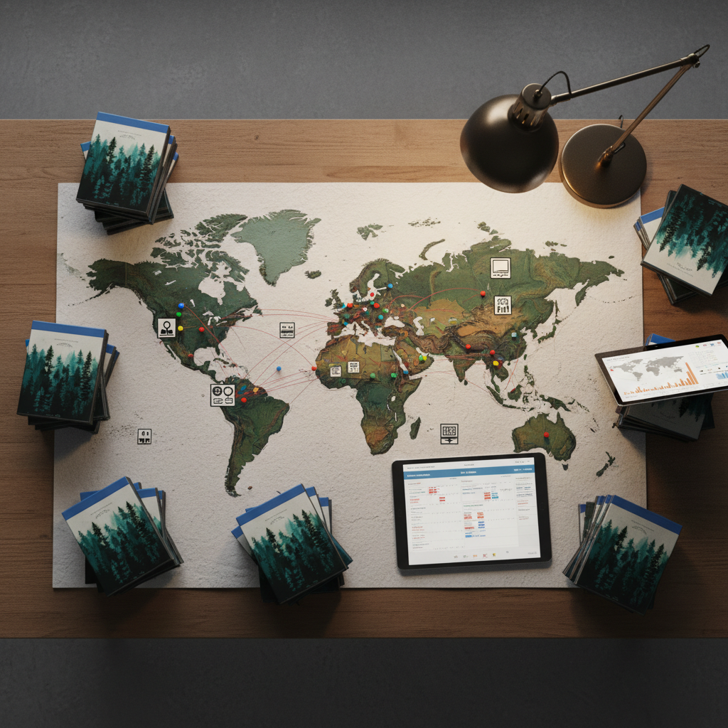 A meticulously arranged distribution planning table in a minimalist studio, centered on a large, detailed world map printed on textured, off-white paper. Colored pins and thin red threads trace potential screening routes across continents, converging on symbols representing art-house cinemas and documentary festivals. Around the map lie neatly stacked Blu-ray cases with abstract forest imagery, a tablet paused on a digital screening calendar, and a sleek laptop showing analytical graphs. Soft overhead lighting combines with a single warm desk lamp, casting precise, cinematic shadows that emphasize the map’s relief and paper grain. Shot from a top-down, bird’s-eye perspective with crisp detail, the mood is strategic yet optimistic, conveying the thoughtful rollout of a hopeful forest documentary to audiences worldwide.