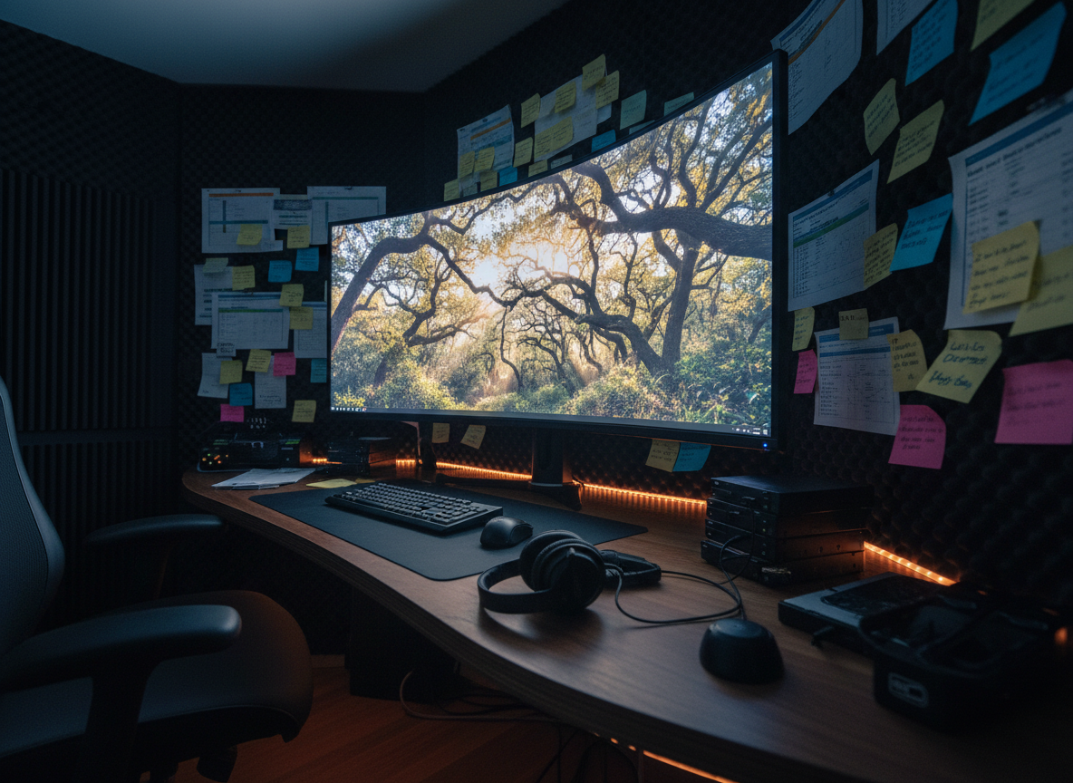 A long, narrow editing suite with a large ultra-wide monitor displaying a paused frame of an ancient forest canopy, dappled sunlight visible between branches. Surrounding the screen, sticky notes, timelines, and printed shot lists are pinned to dark acoustic panels, hinting at 11 years of captured seasons and stories. Subtle LED strip lighting glows along the desk edge, mixing with the monitor’s cool, cinematic light to illuminate a tidy array of headphones, external drives, and a calibrated color panel. Shot from a low, three-quarter angle with moderate depth of field, the composition leads the eye toward the glowing forest frame. The mood is focused and hopeful, reflecting the meticulous craft of documentary editing and preparation for festival screenings and distribution.